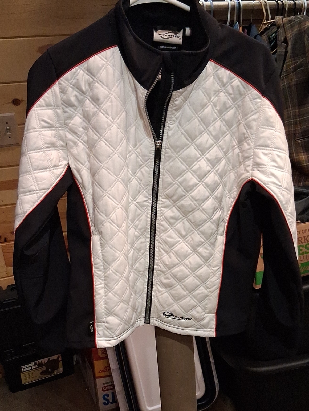Obermeyer Quilted Ski Jacket in White, Black & Red Piping